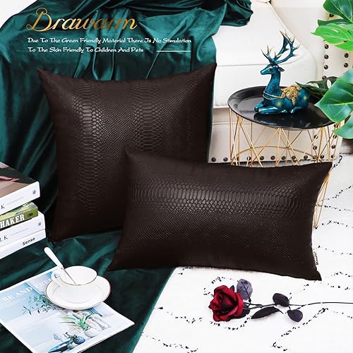 Miniatura 4 de BRAWARM Almohadas de cuero marrón de 12 x 20 pulgadas, juego de 2 fundas de almohada de piel de serpiente, fundas de almohada lumbares decorativas