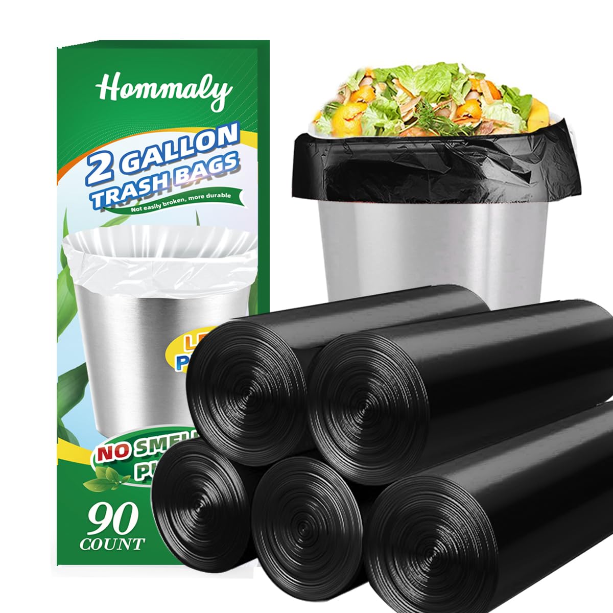 HOMMALY2 Gallon (1.8-2 Gal)90 pcs Small BlackTrash Bags, Strong 1.8 Gallon Garbage Bags, Bathroom Trash Can Bin Liners, Mini Plastic Bags for Office, Waste Basket Liner,Fit 6,7,8 Liters-Black