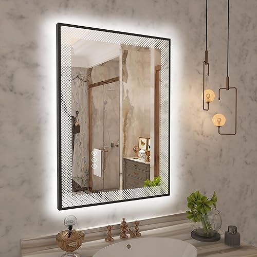 LUSABE Espejo de baño LED con marco negro de 20 x 28 pulgadas con frente y retroiluminación, espejo de tocador iluminado para pared, doble