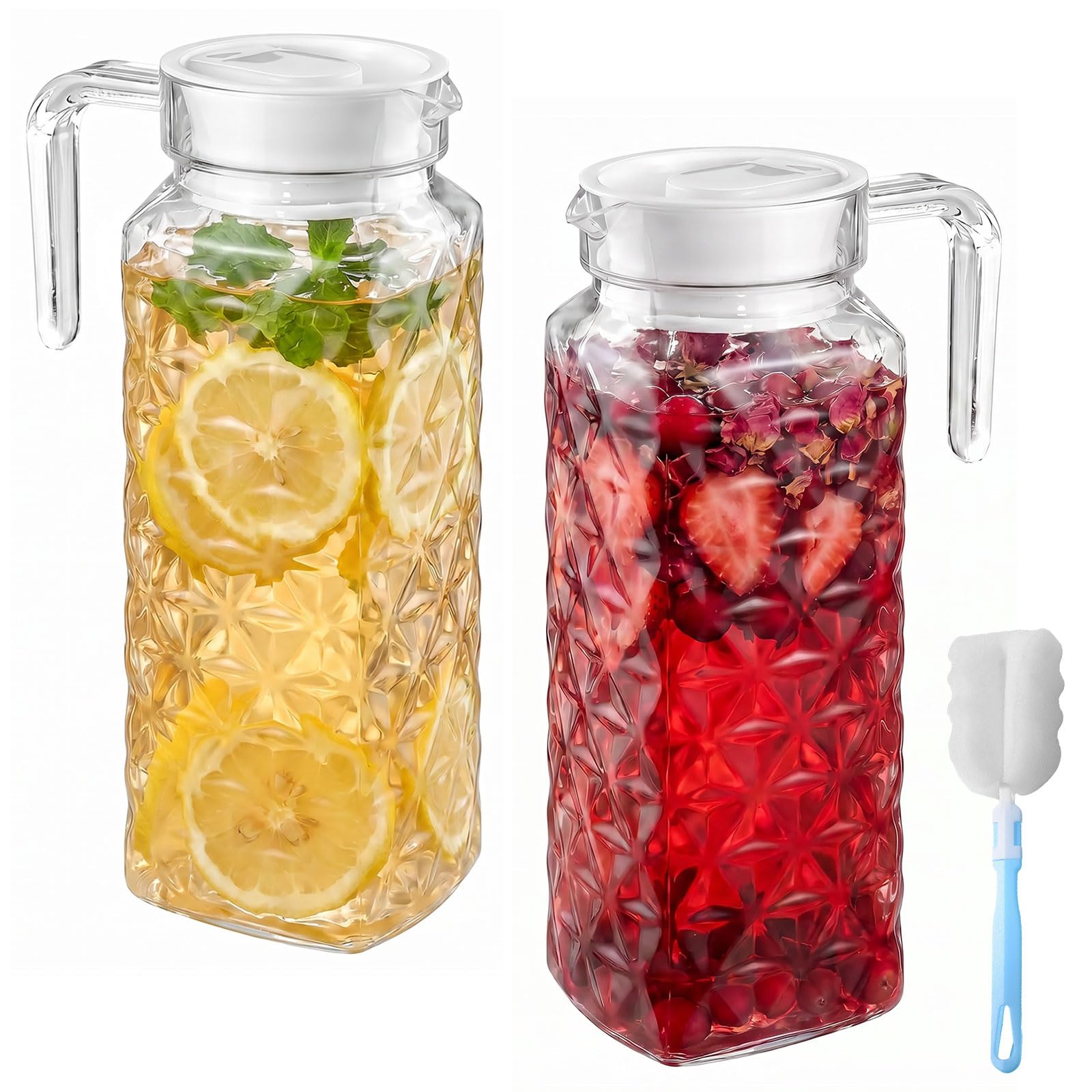 2 Pack 1L Acrylic Pitcher - Water Jug with Lid, Water Jug for Fridge Transparent Juice Pitche, BPA-Free & Shatter-Proof Beverage Pitcher Plastic Juice Container for Hot/Cold Ice Tea Coffee Milk