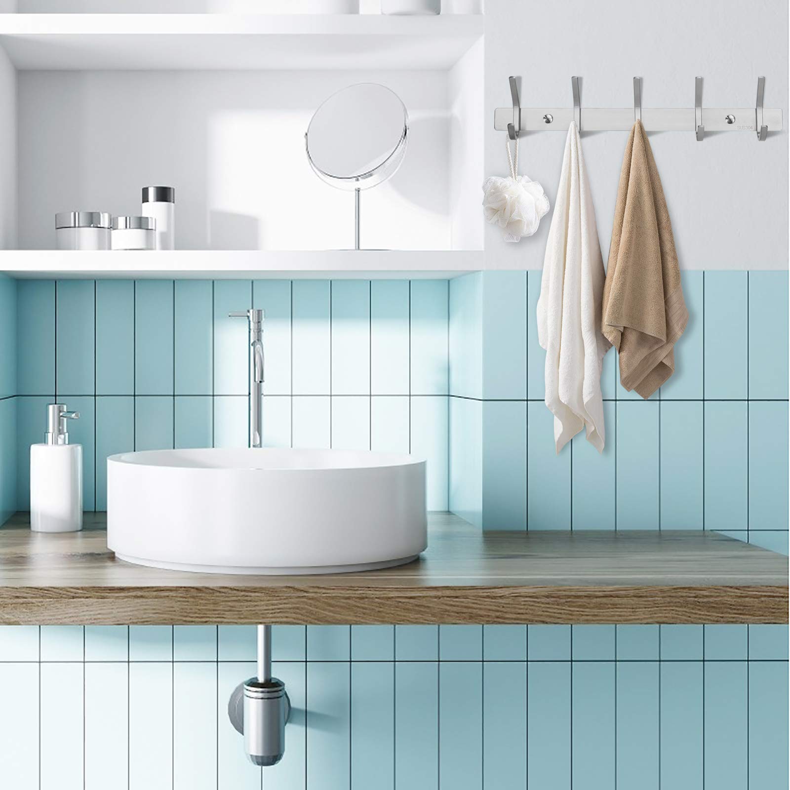 MaoXinTek Appendiabiti da parete e autoadesivo, in acciaio inox, con 5 ganci, per bagno e cucina