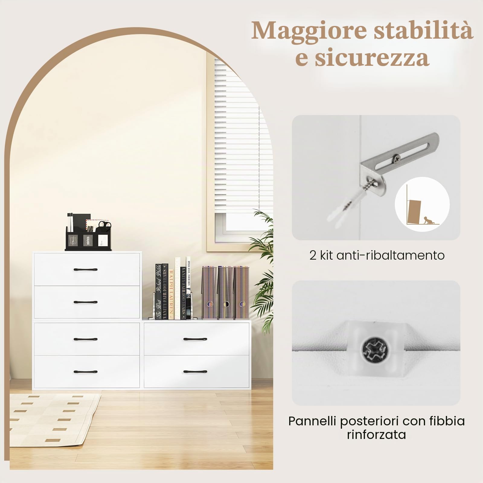 GIANTEX Cassettiera Portaoggetti con 2 Cassetti per Camera da Letto, Mobile in Legno con Kit Anti-Ribaltamento, 4 Tasselli, 60 x 34 x 38 cm, Bianco