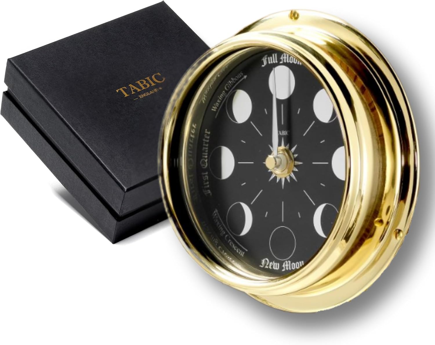 Handmade Prestige Moon Phase Clock in Solid Brass - Elegant Full Moon Wall Clock with Jet Black Dial, Stunning Look with Mirrored Backdrop and Chrome Hands, Perfect Decorations and Gift