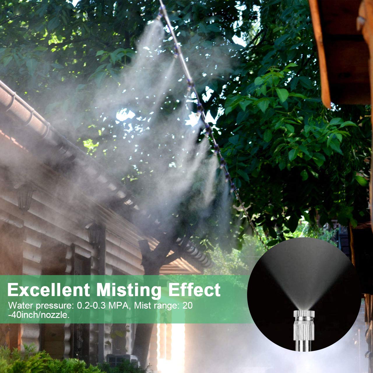 XDDIAS Outdoor Misting Cooling System, 59 FT(18M) PE Misting PE+24 Brass Mist Nozzles+A Brass Adapter(3/4”) DIY Misters Cooling Kit for Outside Patio Garden Umbrellas Greenhouse