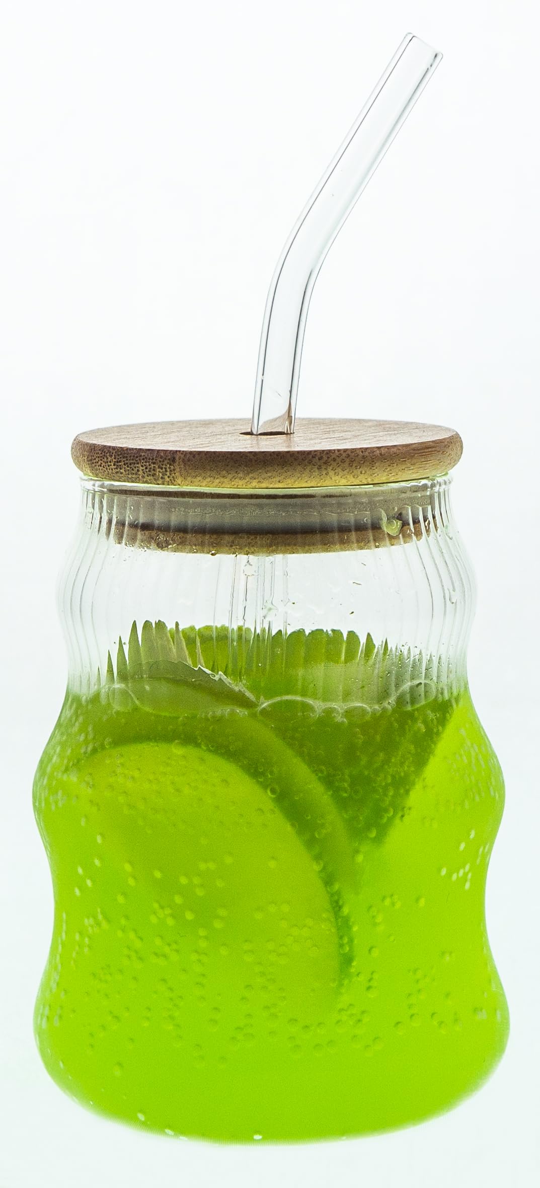 renovon 500ml Bambu Kapaklı Cam Bardak, Cam Pipetli Silikon Kapak Contalı İnce Çizgi Desenli Sıcak Soğuk İçecekler için Kahve Meyve Suları ve Çayları için Ergonomik Şık Tasarım