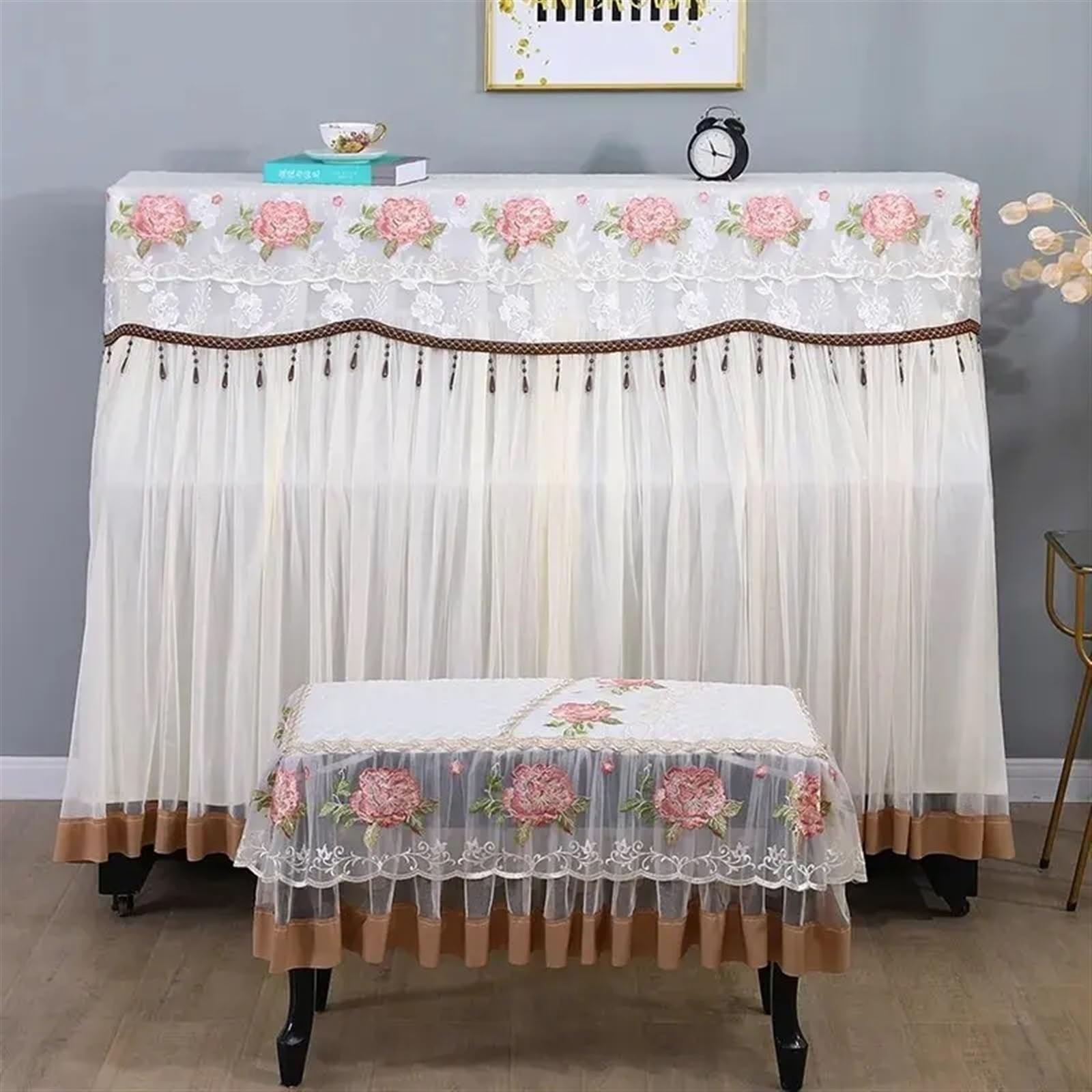 Copertura Per Pianoforte A Coda Copertura in tessuto for pianoforte protettiva for protezione solare for in atmosfera di moda in pizzo lusso(Beige,Cover single stool)