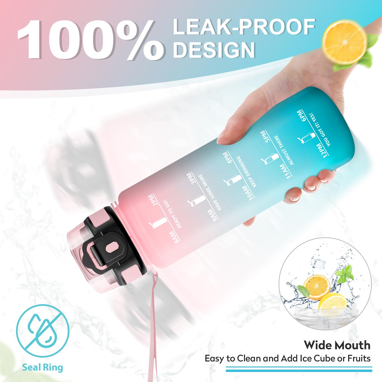 KollyKolla Borraccia 1L, Borraccia con Cannuccia e Marcatori Temporali, Bottiglia Riutilizzabile, senza BPA, Bottiglia Acqua A Prova di Perdite, ideale per Fitness, Scuola, Ufficio, Yoga