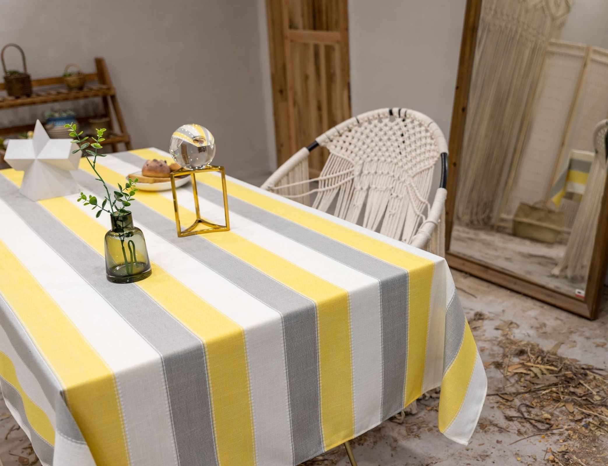 Daesar - Mantel para Mesa Rectangular Antimanchas,Mantel de Lino Antimanchas Empalme de Rayas Mantel Antimanchas Gris Amarillo,135x240CM(94x53Inch)