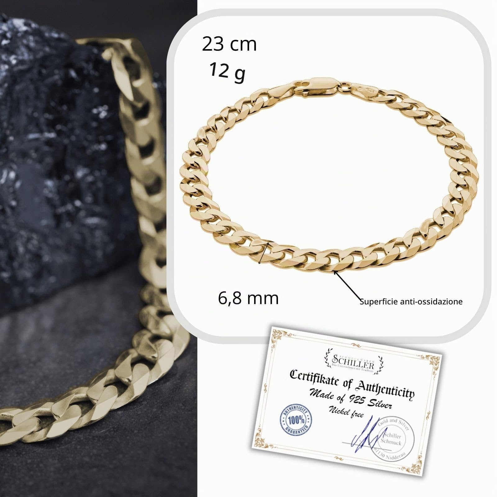 Elegante Bracciale Maschile In Argento 925 Con Catena Placcata Oro 23cm