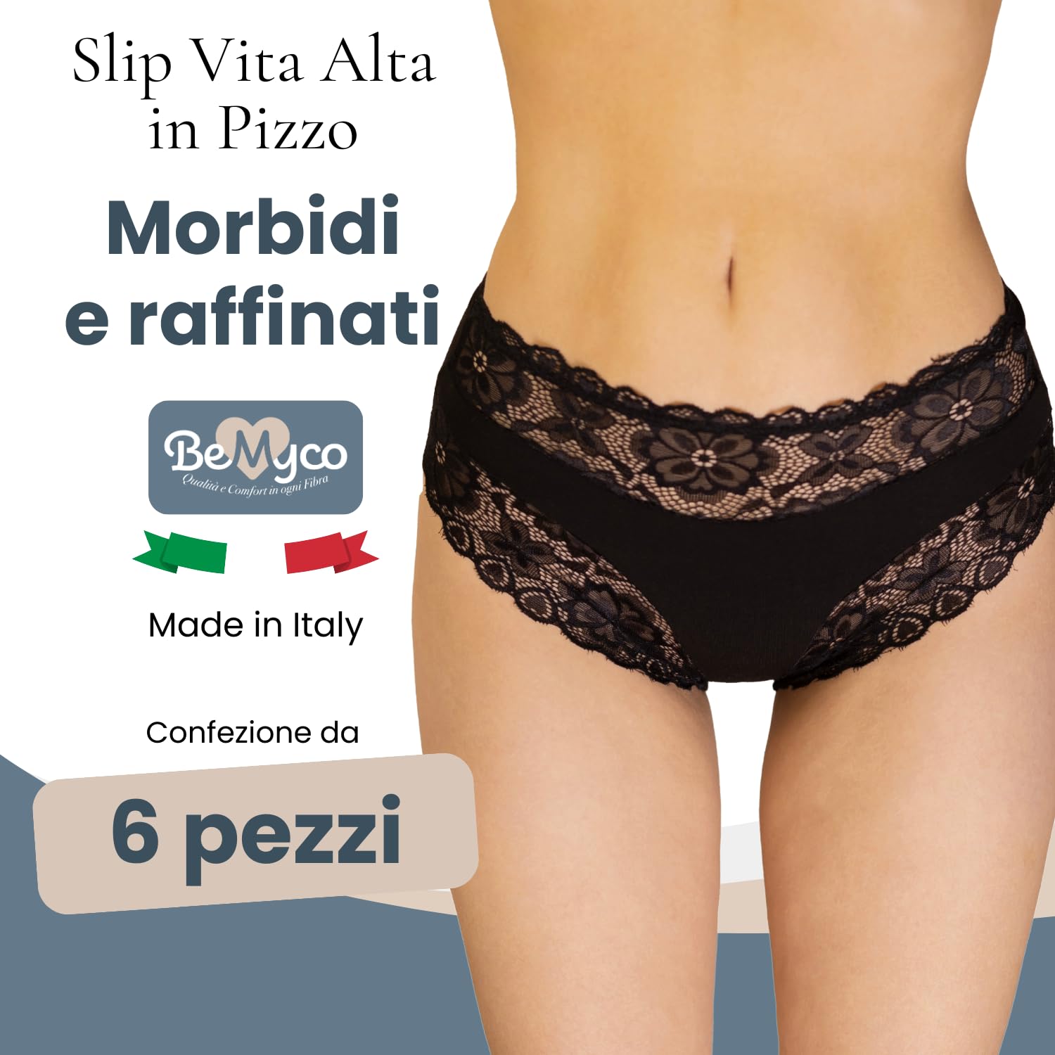 Set 6 Pezzi Mutande Vita Alta Donna in Pizzo – Culotte Cotone Donna comode e Traspiranti – Slip Eleganti e Resistenti, Made in Italy