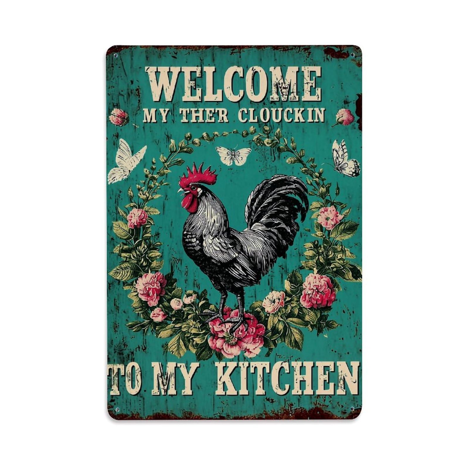 Jdfenggu Vintage Rooster Flowers Butterflies Sign Retro Metal Tin Sign, Decor Art Poster For Bar, Home, Man Cave, Kitchen, Laundry Room Gift 8X12inch