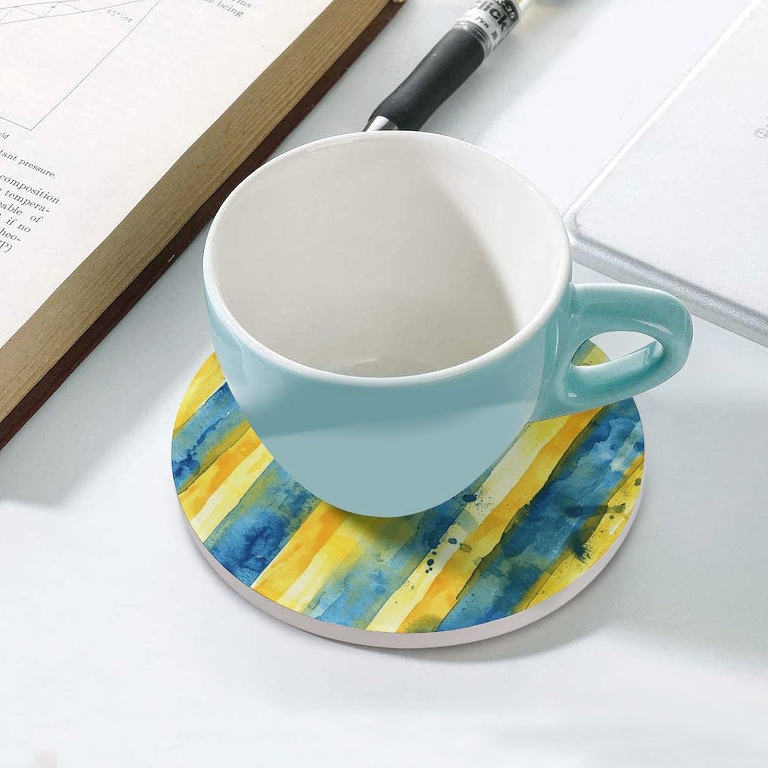 6PCS Yellow and Blue Pattern Coasters Non-Slip Round Drink Coasters with Ceramic Stone and Cork Base, Heat Resistant Absorbent 33.00Stone Coaster Set for Kinds of Mugs and Cups, 4 Inch