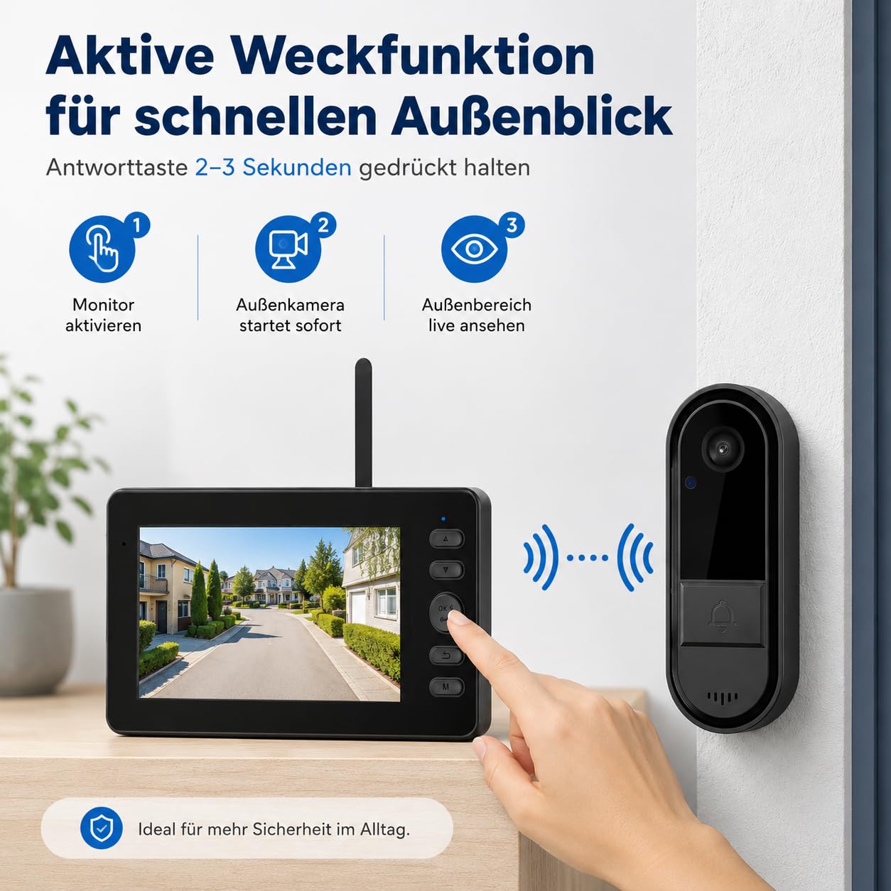 Funkklingel mit Kamera, Kabellose Video Türklingel mit 4,3" IPS Monitor, ohne WLAN & App, Türsprechanlage, Gegensprechfunktion, Monitoraktivierung per Tastendruck, 170° Weitwinkel, LED Nachtsicht,IP65