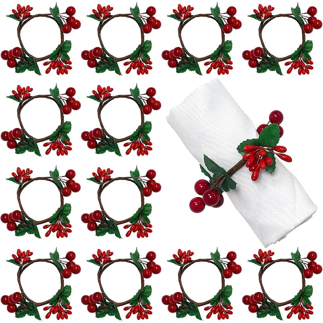 Esiifuu Red Napkin Rings Set Of 12, Rustic Napkin Ring Serviette Holders Berry Table Decorations For Wedding Christmas Thanksgiving Banquet Party Christmas Rings