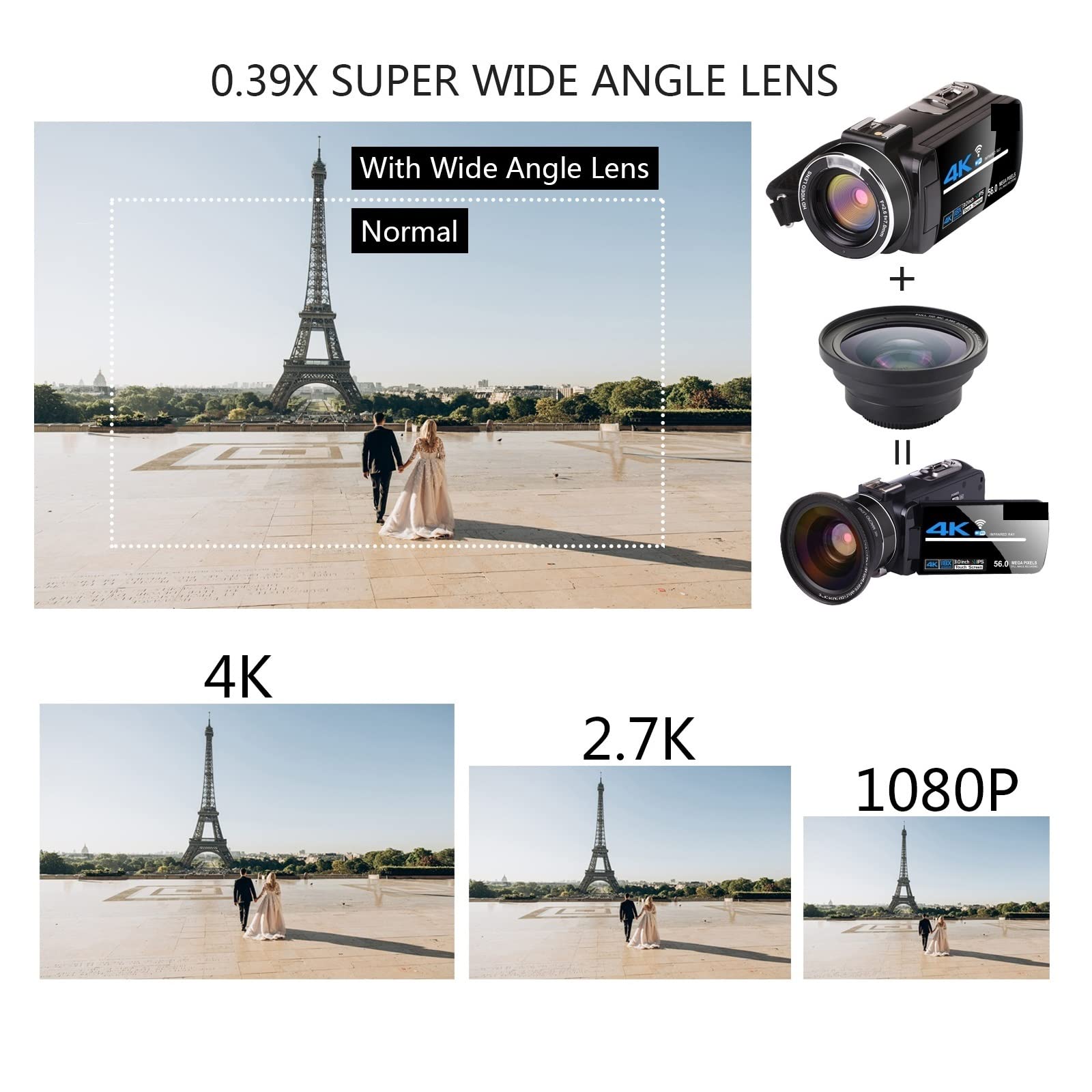 Macchina fotografica digitale, Videocamera 4K Videocamera Videocamera digitale Vlog Videocamere Touch screen da 3,0 pollici Visione notturna Telecamera Microfono esterno(32GB SD Card)