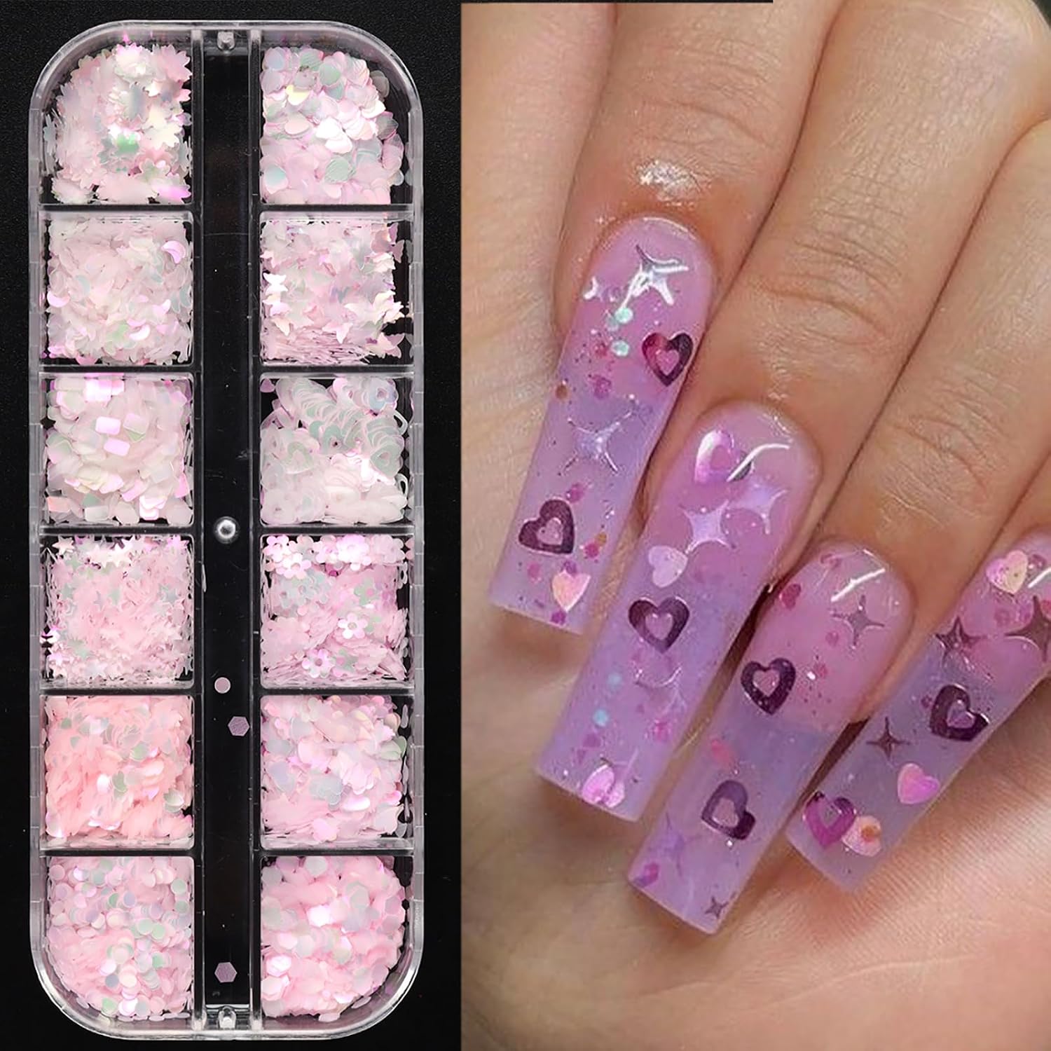 Spring Flower Nail Glitters Pink Glitter Cherry Blossom Heart Nail Sequins Set of 12 Boxes, Elegant Mini Floral Butterfly Nail Decor Accessories 3D Flower Nail Decals Holographic Glitters for Women