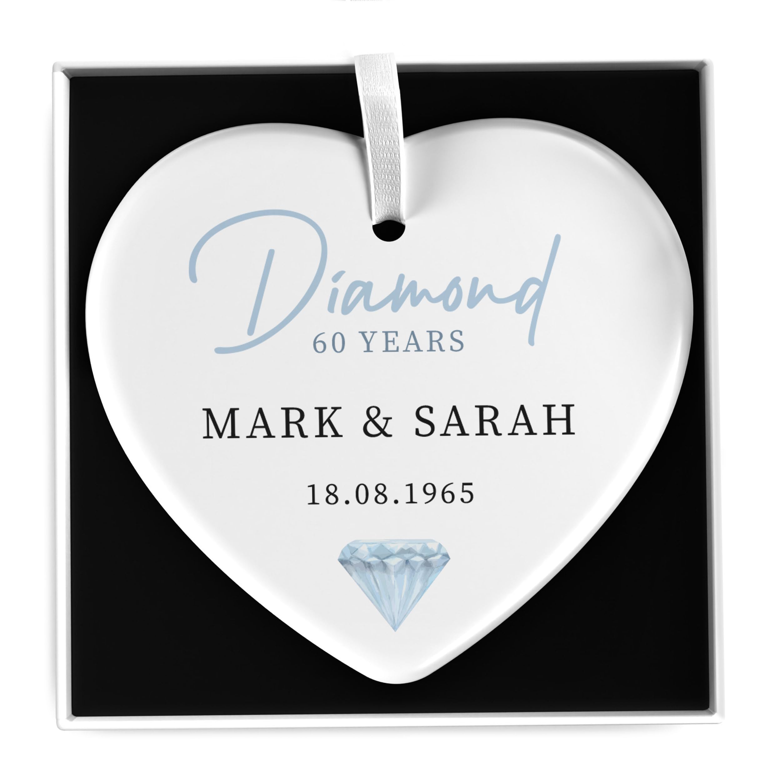 Beecreative 60th Diamond Anniversary Gifts For Parents, Grandparents, Couple, Friends Personalised - 60 Years Anniversary - Diamond Wedding Anniversary Keepsake - Ceramic Ornament With Gift Box