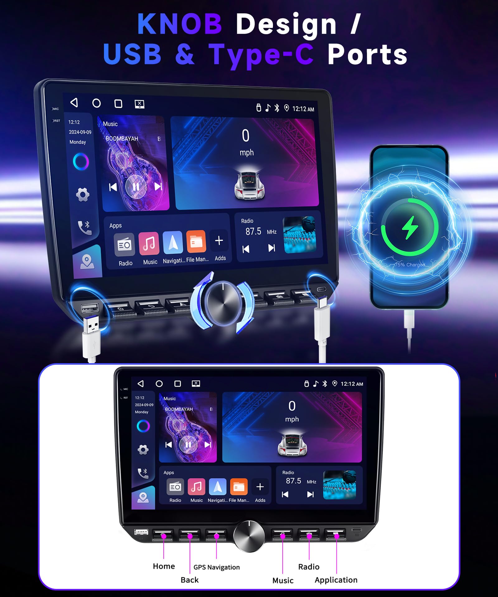 VECHTEL 4G+64G Android 15 Radio samochodowe 2 Din z bezprzewodowym systemem Android Carplay, 10-calowy ekran dotykowy Carplay, obsługa Bluetooth 5.0 Radio FM RDS GPS Wi-Fi Link Lustro USB/Type-C