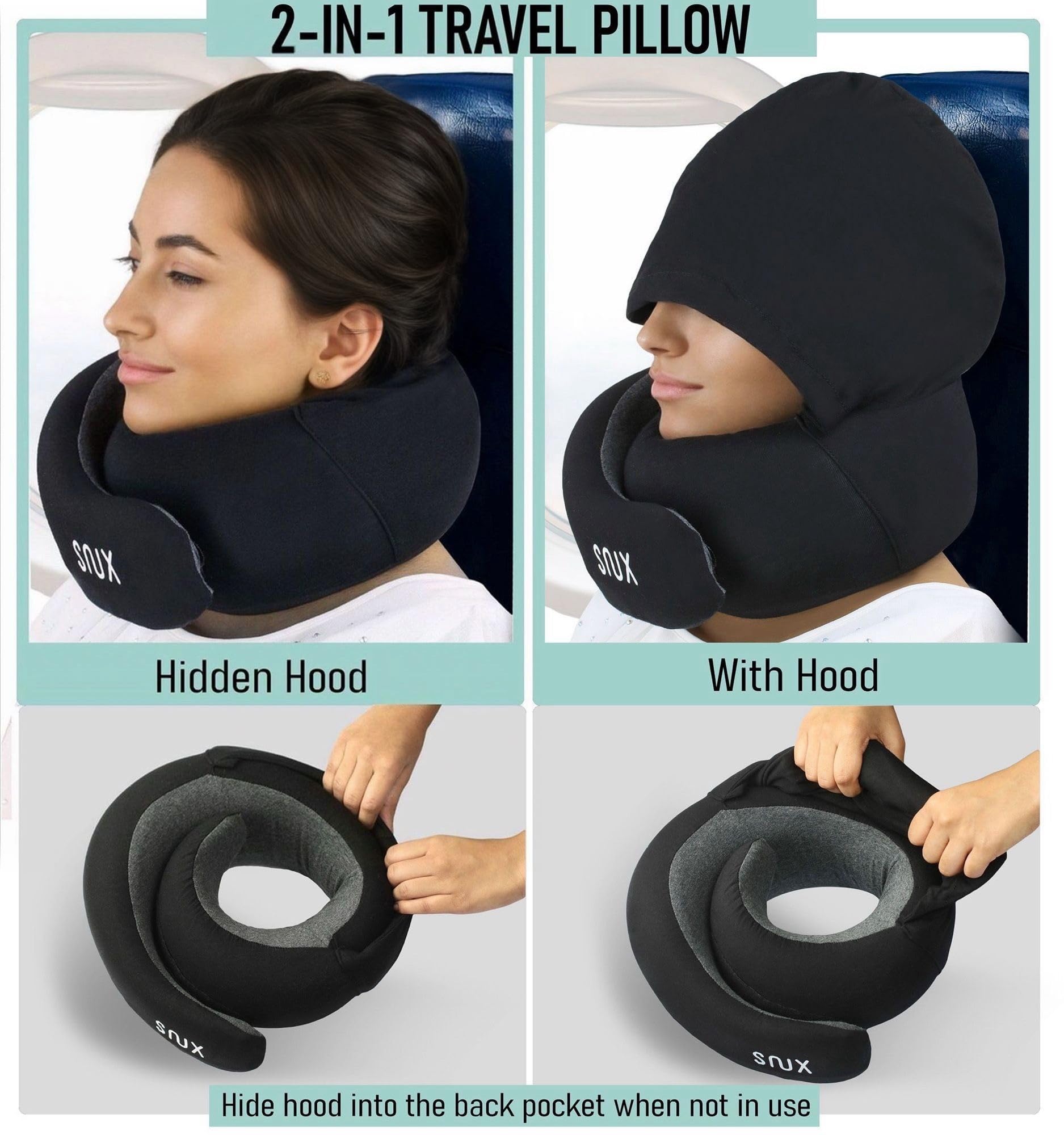 Snux Travel Neck Pillow with Hood - Memory Foam Neck Pillow - Hooded Travel Neck Pillows for Airplanes Car Rides & Home Relaxation (Gray)