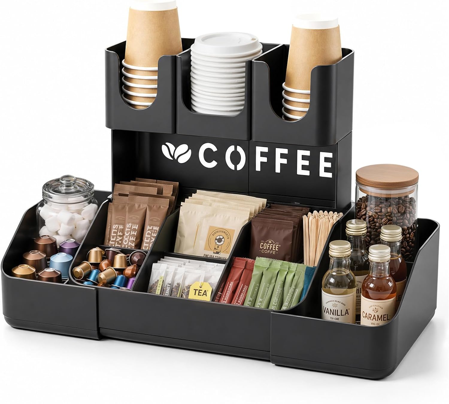 JYPS 2-Tier Coffee Storage Rack with 11 Compartments – Ideal for Storing Coffee Cups, Capsules, Sugar, Syrups & Condiments – Perfect for Office, Break Room, Kitchen & Home Organization