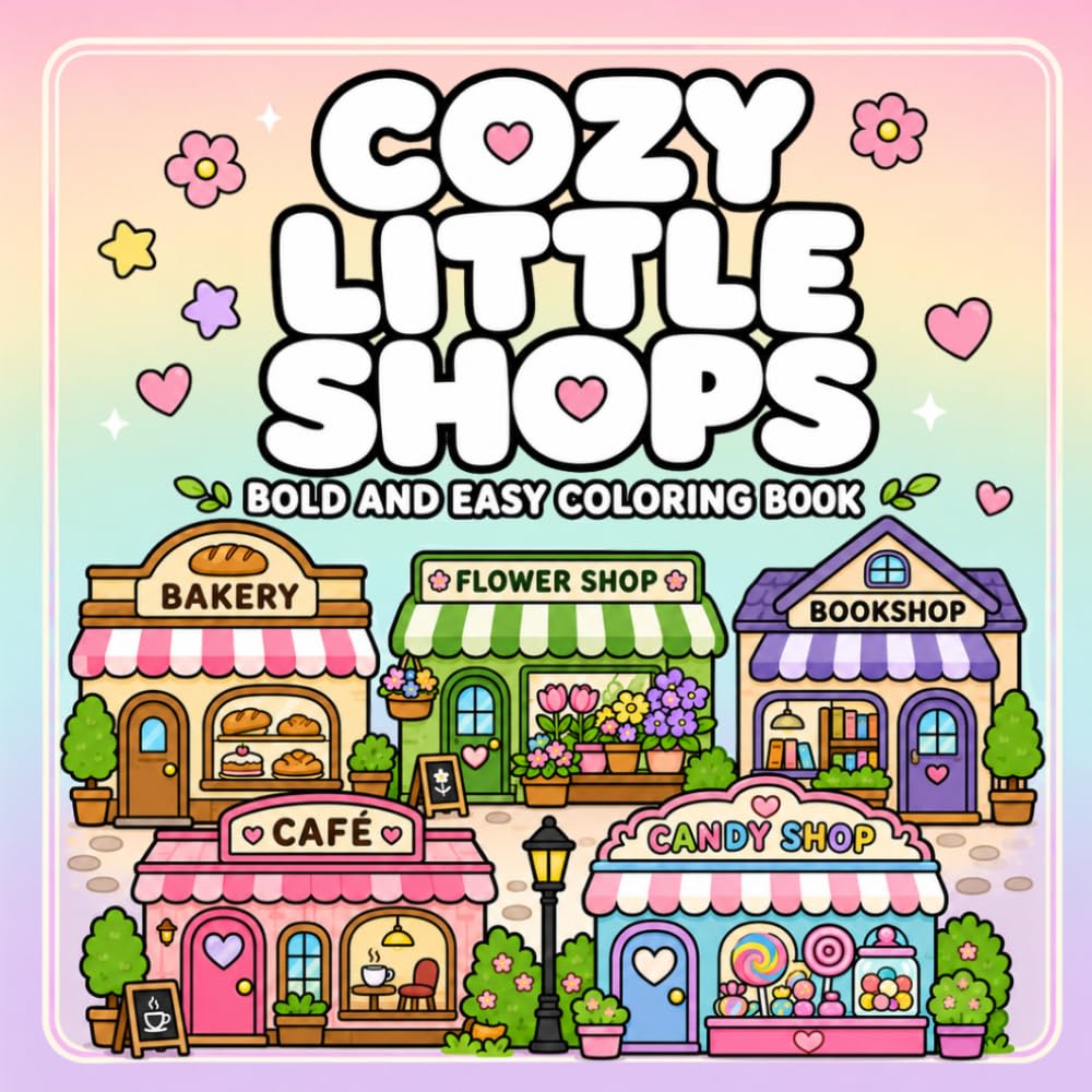 Cozy Little Shops Coloring Book: Bold and Easy Coloring Pages with Cute Storefronts, Cozy Cafés, Bakeries, Flower Shops, and Bookshops (Cozy Coloring Books)