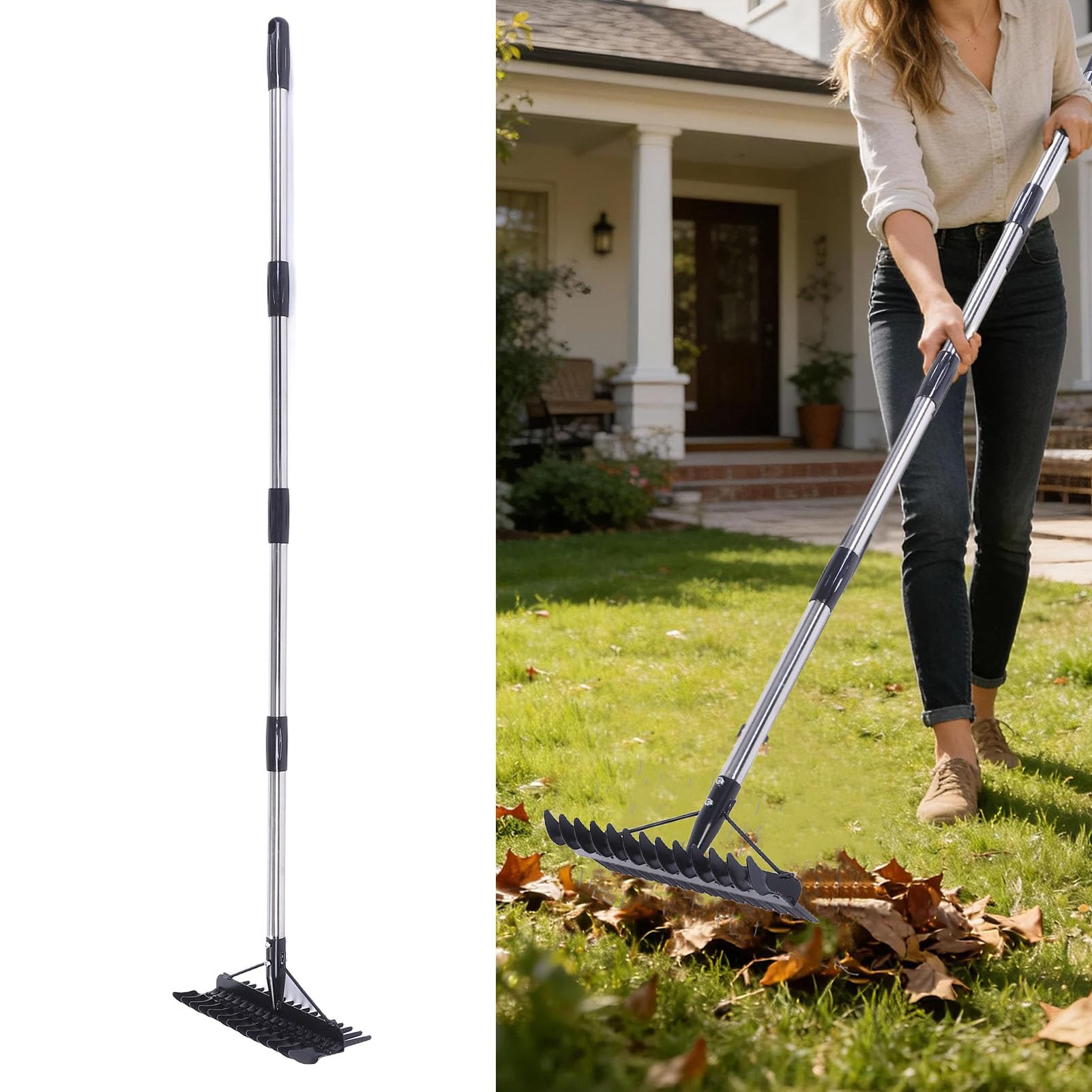 RIZGHWOY Rastrello da Giardino, Rastrello per Terreno Allentante in Metallo a Doppia Faccia, per Raccogliere Foglie Livellando Lavori di Giardinaggio in Giardino