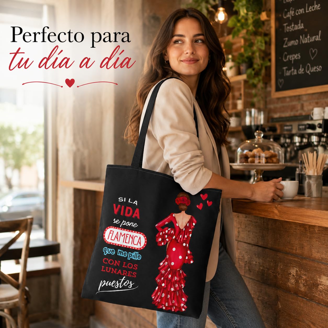 Bolso Tote Flamenco 43x43 cm – Bolsas de Tela con Diseño de Flamenca – Impresión Doble Cara – Asas 60 cm – Poliéster 400 g/m² – Colección Málaga
