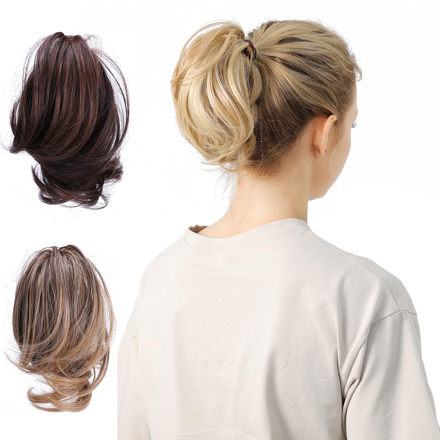DAYCEN Short Curly Ponytail, Clip On Synthetic Wavy Hair Ponytail Extensions For Thin Hair (Brownish Blonde)