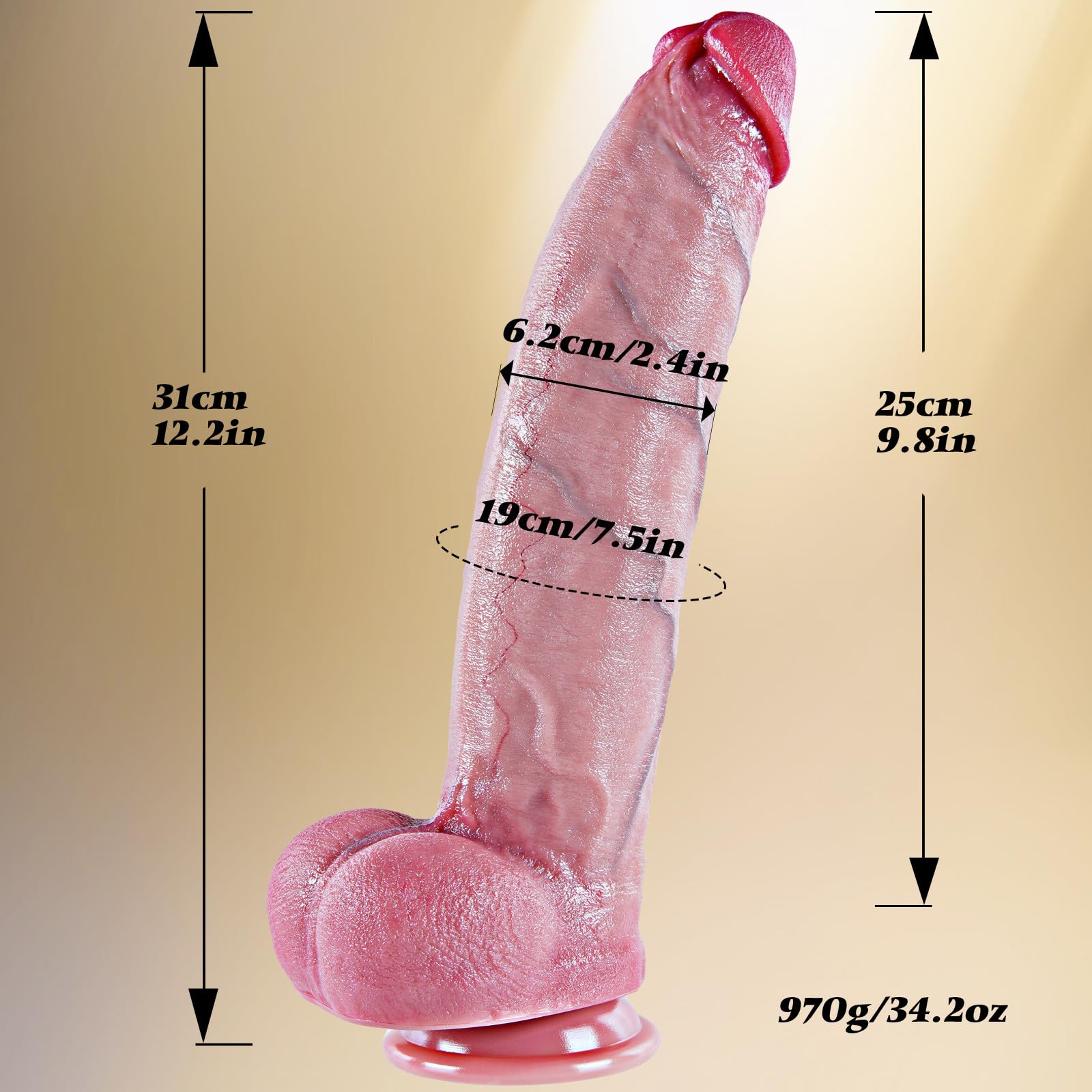 Consolador gigante realista de 6,2 cm de diámetro y 31 cm de largo con ventosa grande. Pene curvo extra ancho XXXL. Sensación realista. Ideal para hombres y mujeres con experiencia