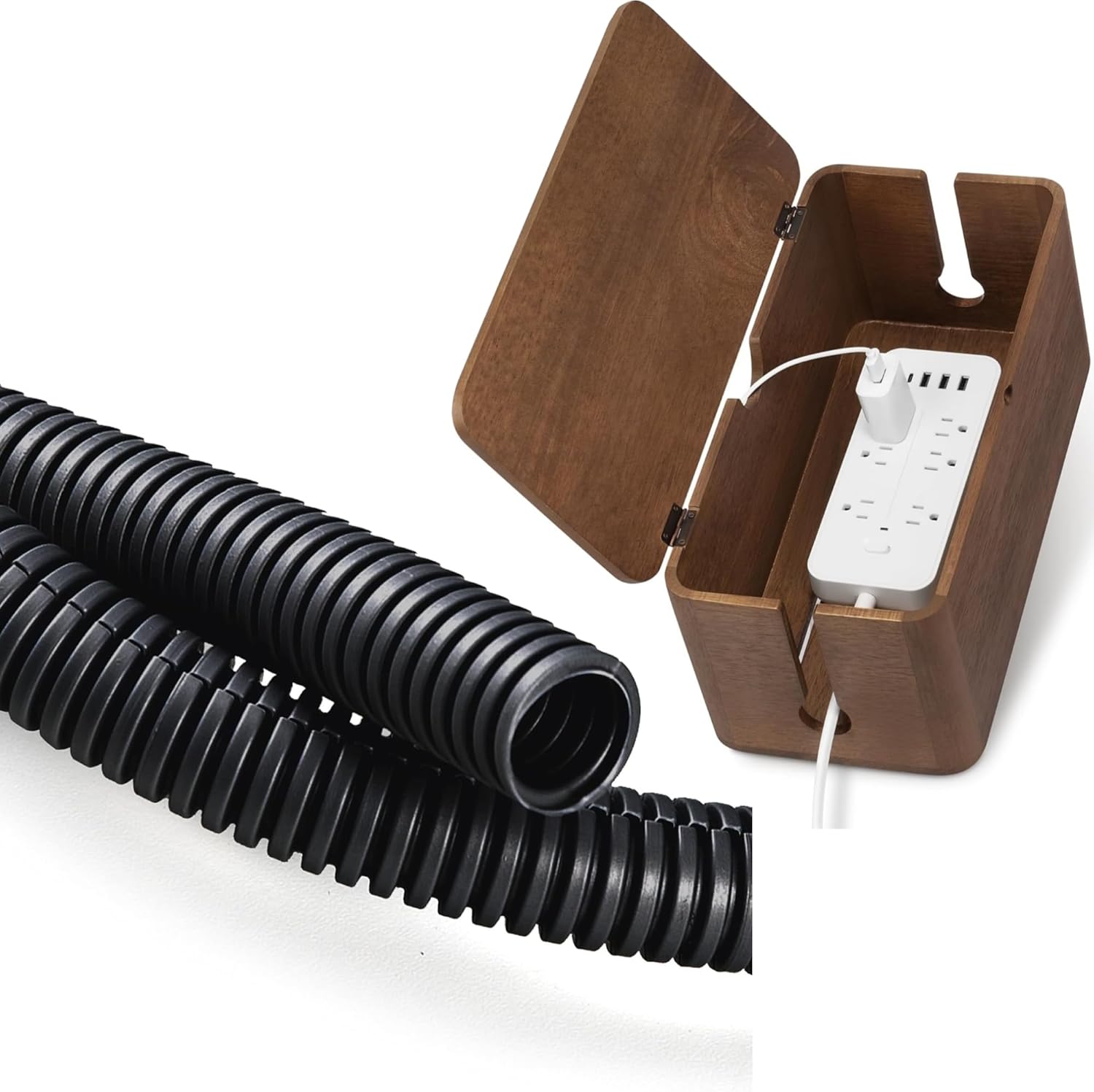 ZhiYo 100 FT 1/4” Wire Loom Split Tubing Auto Wire Conduit Flexible Cover & ZhiYo Wood Cable Management Box, Large Cord Organizer Box for Power Strip Bundle