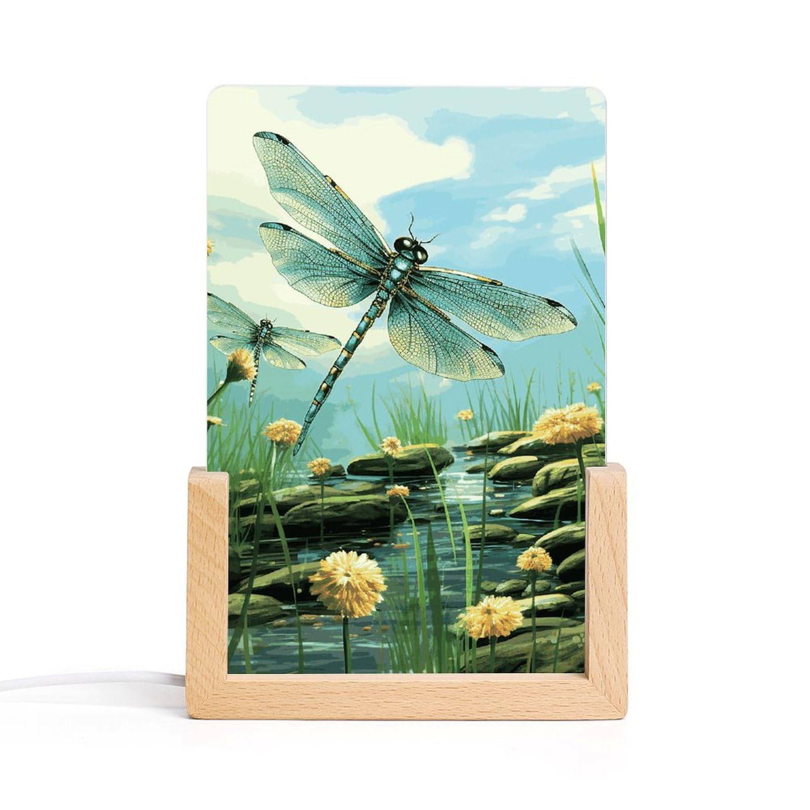 JTREHY Acrylic Night Light,Dragonflies in Flight Printed Wooden Base LED Night Light Modern Home Decoration Light with USB Switch Cable for Bar Cafe Bedroom Room Decoration