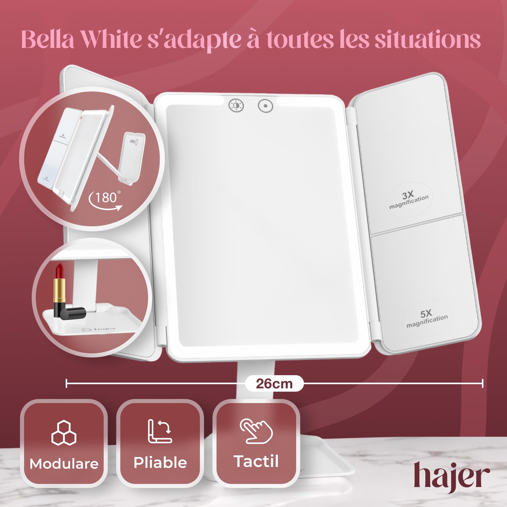 hajer Miroir Maquillage Lumineux à LED + Pochette de Transport, Grossissant 1X/3X/5X, 3 Modes éclairage, Tactile et Rechargeable USB-C avec Batterie en Lithium. Miroir Portable et Pliable de Voyage.