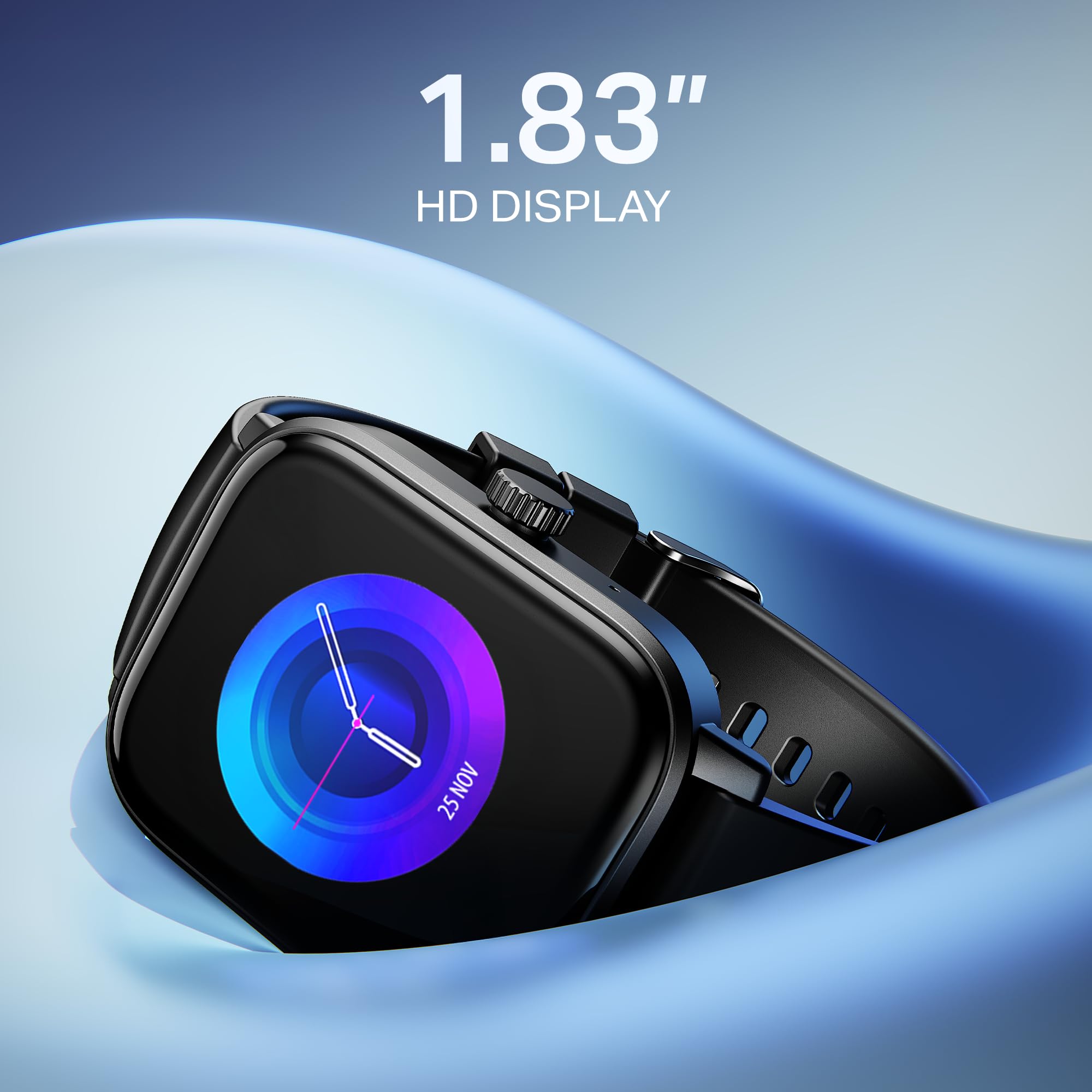 Boat Wave Call 3 Smartwatch 1.83” HD Display with Animated Watch Faces; BT Calling, Functional Crown, Multiple Sports Modes, IP68, HR, SpO2 Monitor, Smart Watches for Men & Women (Bold Black)