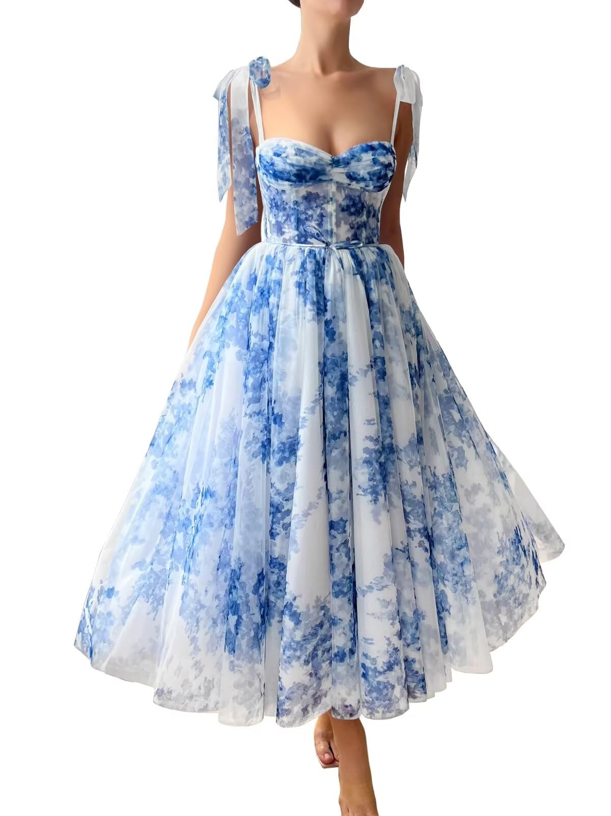 Qgeno Floral Print Prom Dresses Tea Length Sweetheart Tie Straps Tulle Fairy Dress Cocktail Formal Party Gowns