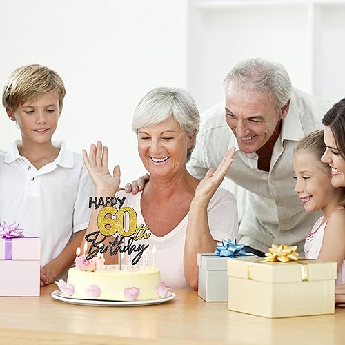 Miniatura 7 de 1 paquete de decoración de pastel de cumpleaños 60 negro dorado con purpurina para 60 años de cumpleaños, decoración de pastel de cumpleaños 60