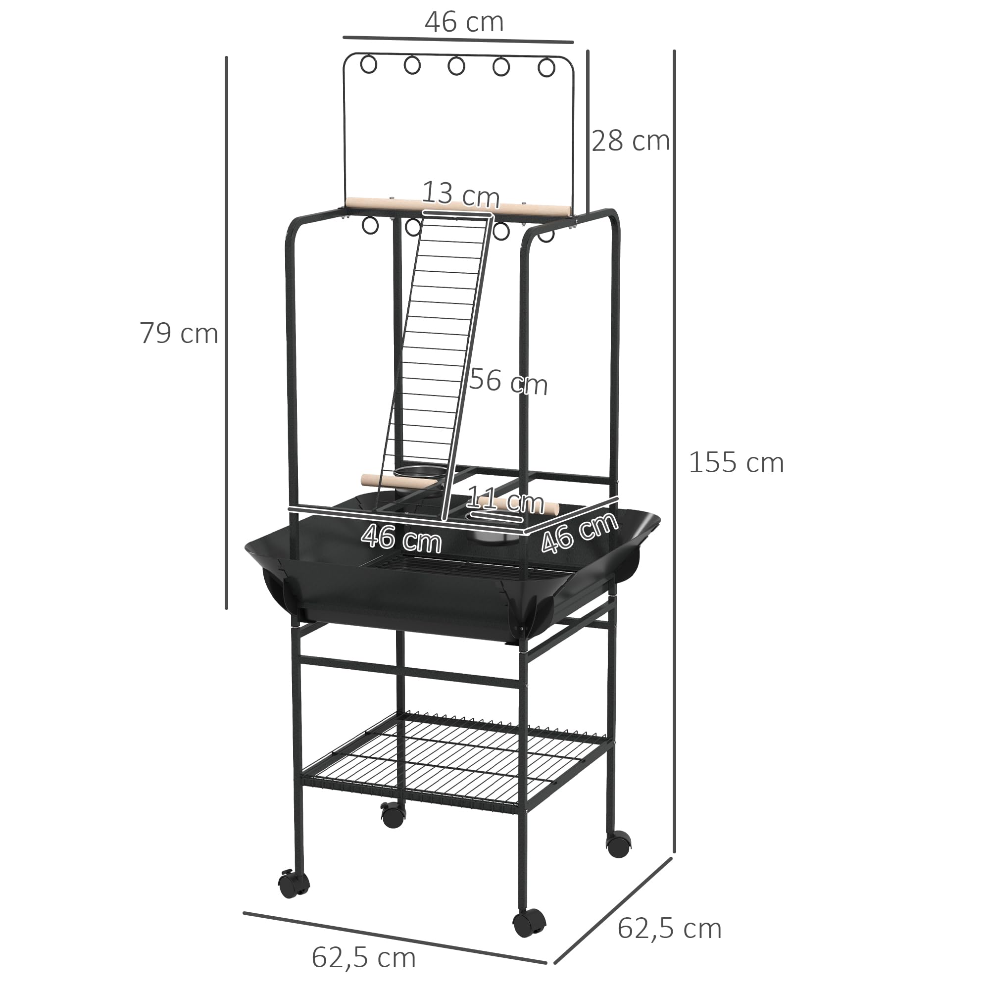 PawHut Aire de Jeu pour Oiseaux avec Perchoirs en Bois, Échelle, Mangeoires INOX, Bac Coulissant, 62,5 x 62,5 x 155 cm, Gris foncé