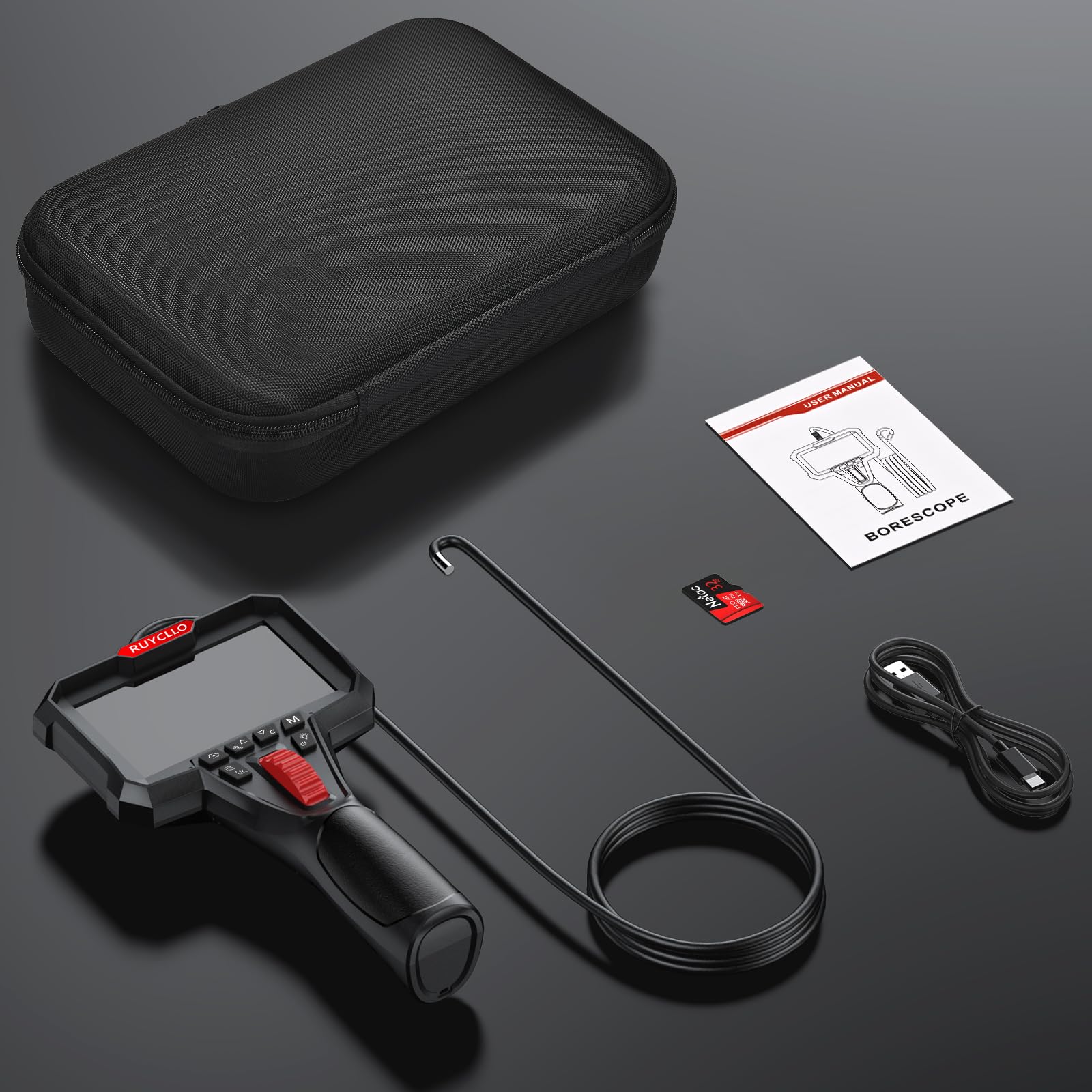Endoscopio Industriale 1080P 4,3" Schermo, Luce LED – Telecamera Ispezione Tubi Ø6,2 mm Articolata 210°, Impermeabile IP67, Scheda SD 32 GB Inclusa – Telecamera Endoscopica Motori, Tubi