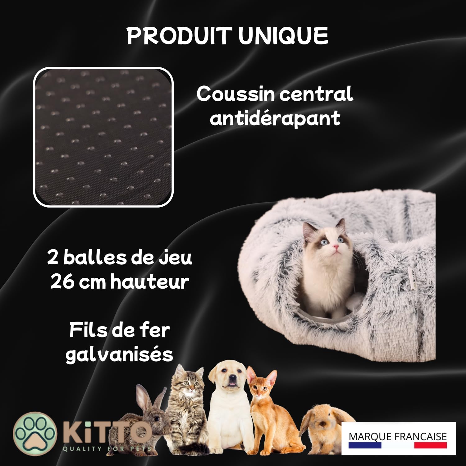 Kitto - Tunnel pour Chat - Panier Moelleux avec Coussin lit - Tunel Cat Jeu - Cabane, Niche - Tunnelle modulable - Rond -Convient pour Chat XXL, Petit Chien, Lapin, Furet - 12 Attaches en Bois