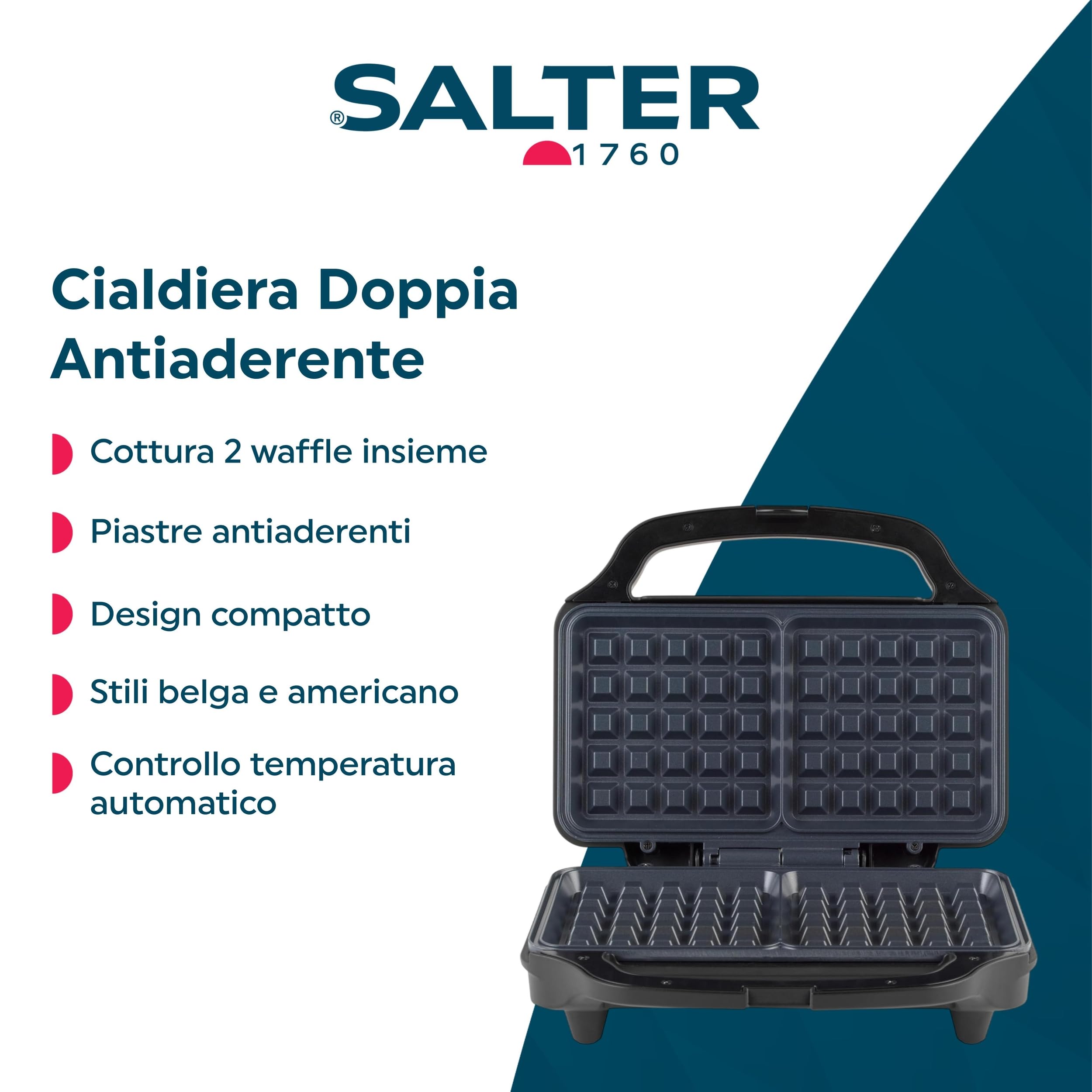 Salter Doppia Piastra per Waffle – Waffle Belgi e Americani, Piastre Profonde Antiaderenti, Doppie Piastre, Controllo Automatico Temperatura, Manico Termoisolante, Design Compatto Verticale, 900 W