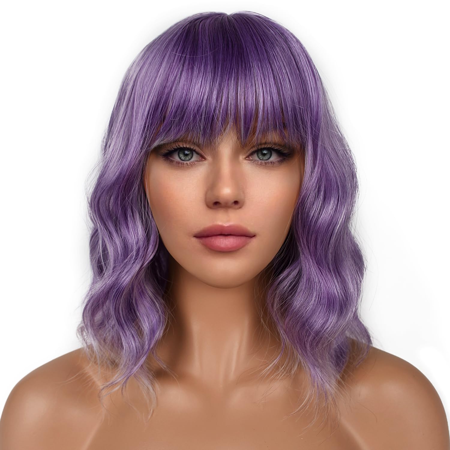 LANCAINI Short Bob Wigs with Bangs for Women Loose Wavy Wig Curly Wavy Shoulder Length Bob Synthetic Cosplay Wig for Girl Colorful Costume Wigs (