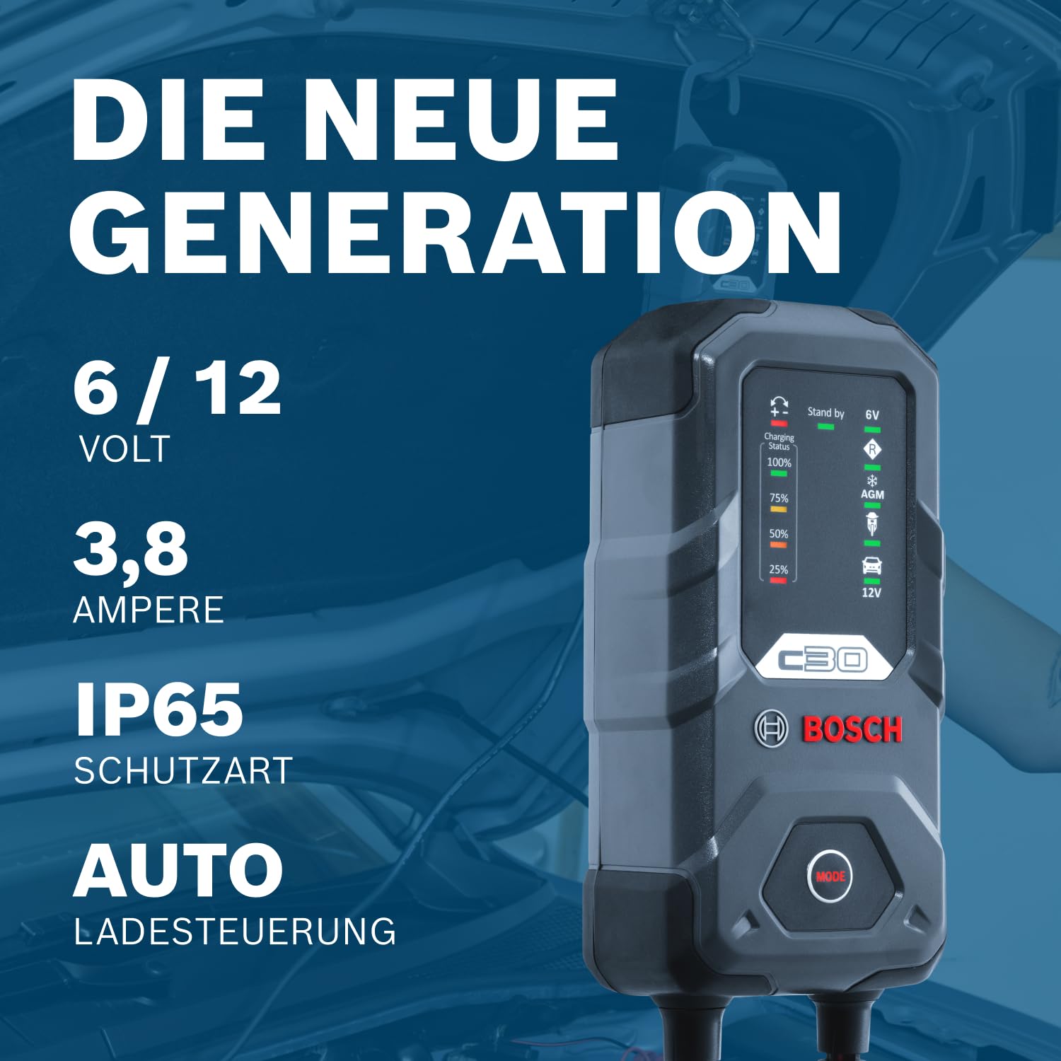 Bosch C30 Batterieladegerät, 3,8 A mit Erhaltungsfunktion, für 6 V/12 V Blei-Säure-, EFB-, Gel-, AGM- und SLI-Batterien, wird mit einem UK-Stecker geliefert