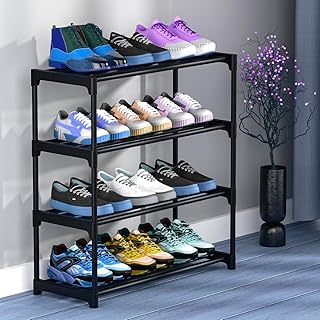 4-Tier Shoe Rack Organiser, Black Plastic Storage Shelf, Compact Footwear Stand, ShoeRack Plastic 4 Shelf