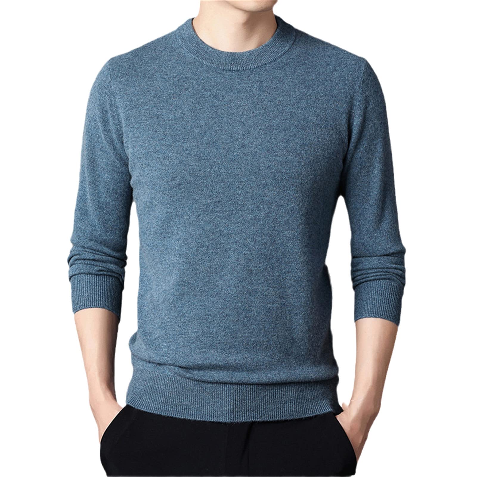 WEGUKRI Maglione 100% puro cachemire degli uomini, inverno rotondo collo blu addensato caldo maglione lavorato a maglia, Blu grigio, XXX-Large
