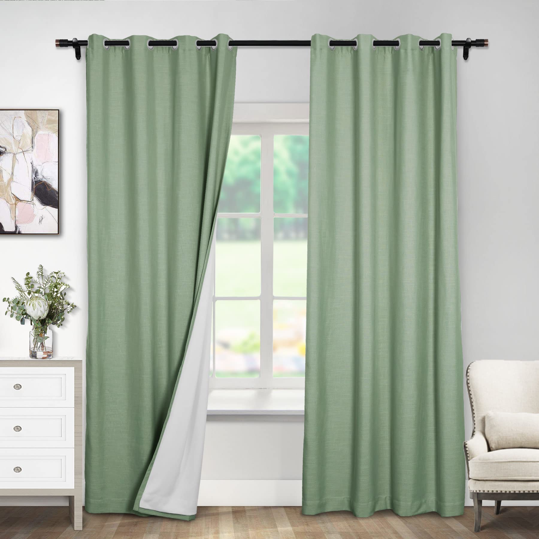 Celadon - Cortinas opacas de lino de 50 x 96 pulgadas para sala de estar y dormitorio, cortinas con aislamiento térmico y ojales en la parte superior, elegante forro doble, 1 panel, diseño de