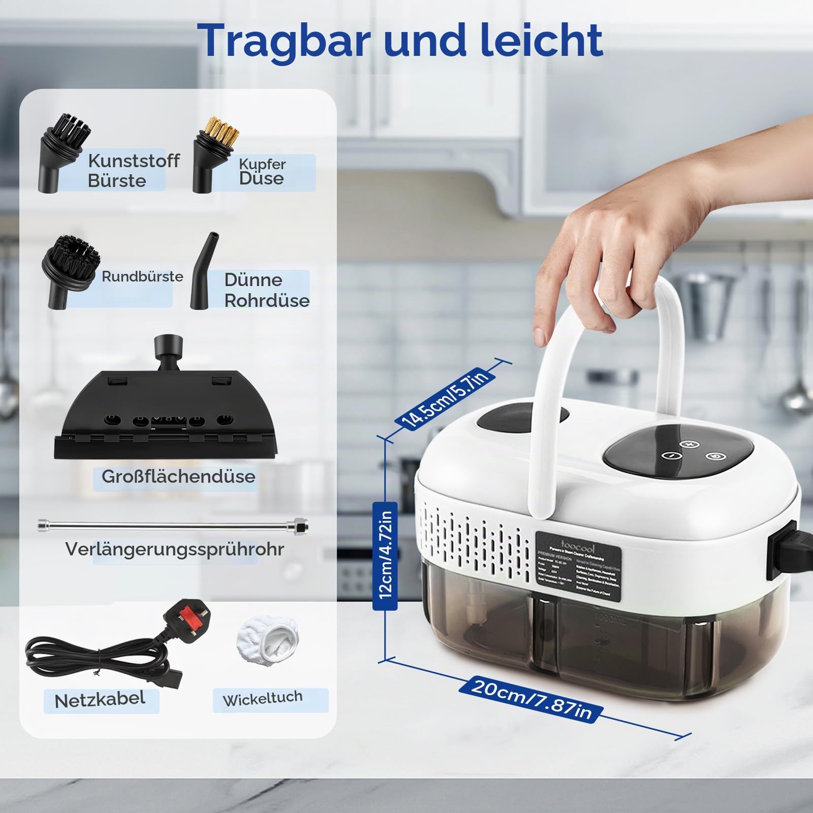 Dampfreiniger Handgerät mit 8 Zubehörteilen, 2500W Dampfgarer zum Reinigen, 1100-ml Dampfreiniger für Zuhause, Auto-Detailing-Dampfreiniger Tragbare Steam Cleaner für Fenster, Küche, Boden