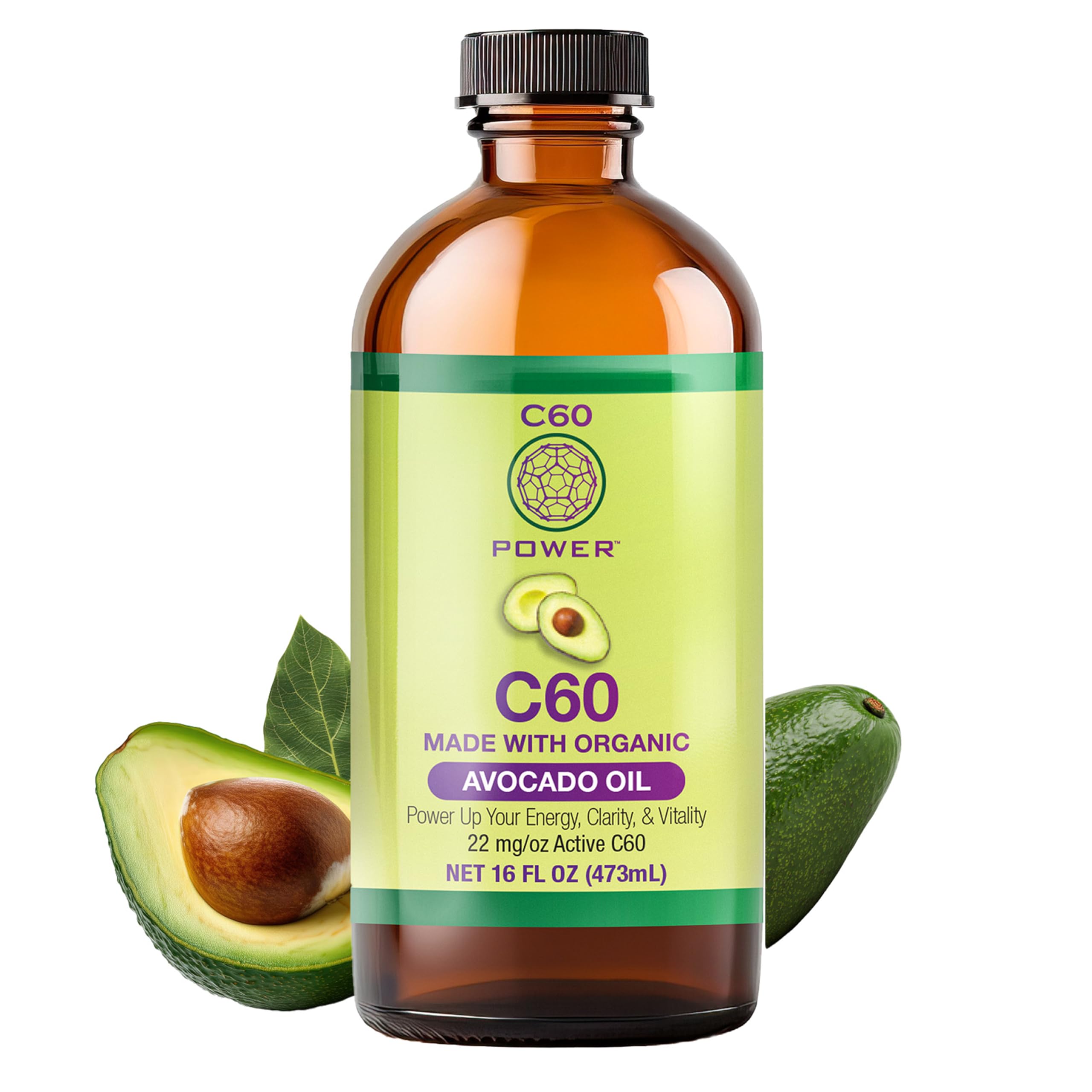 C60 Power C60 in Organic Avocado Oil - Natural Wellness Support for Men & Women, 99.99% Pure Carbon Fullerenes, Promotes Energy, Mental Clarity, & Stamina - 16 fl oz Bottle