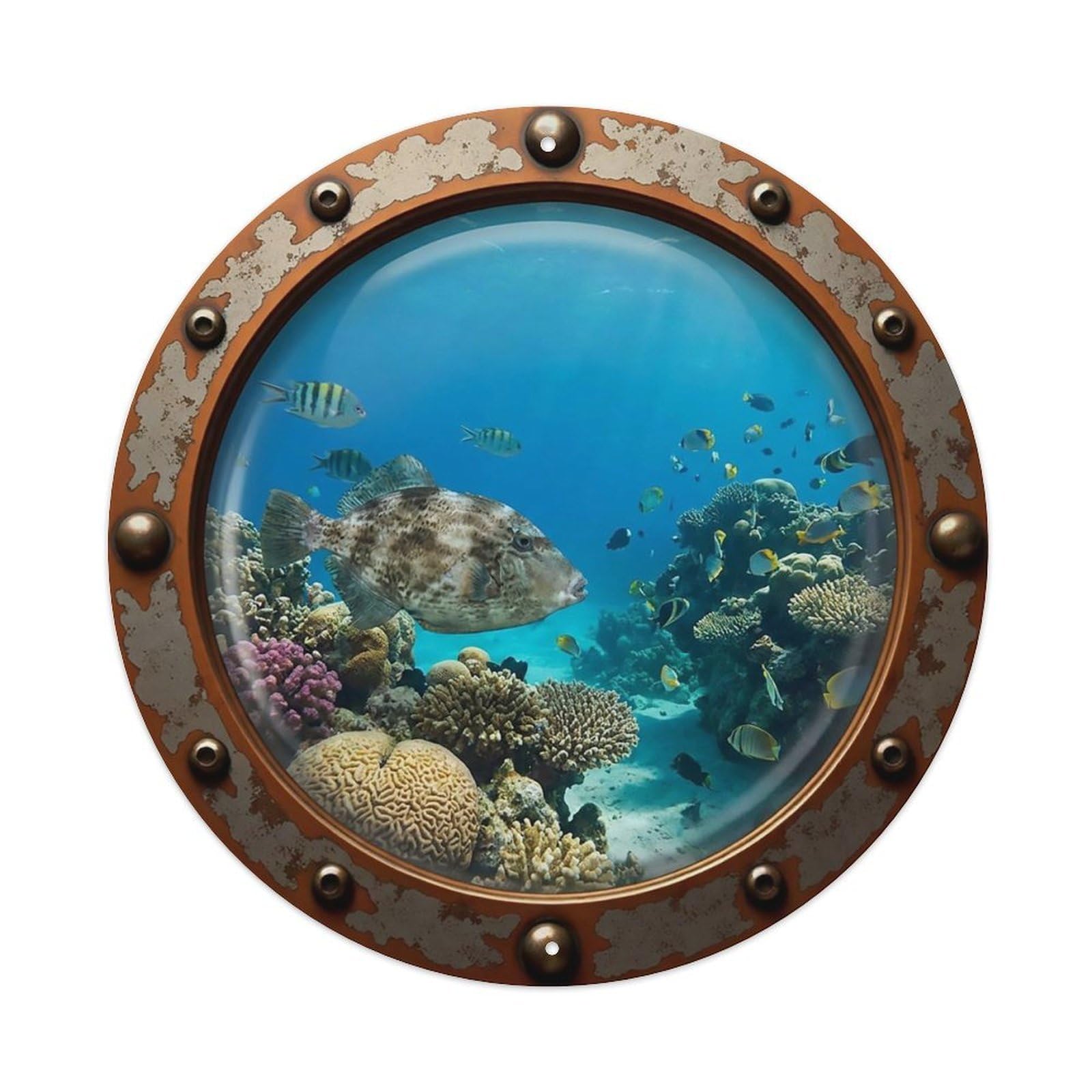 Odgynaw 8X8inch(20X20cm) Vintage Porthole Filefish Nautical Window View Metal Tin Sign