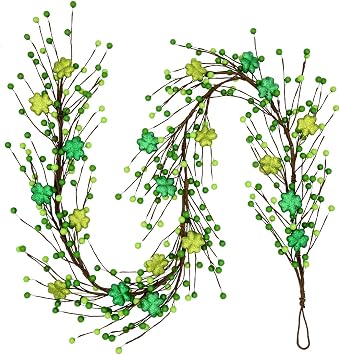 nuvagiki St. Patricks Day Garland Decorations - 5.5Ft Shamrock Rag Garland with Green Berry Picks, Perfect St. Patricks Day Decor and Party Supplies