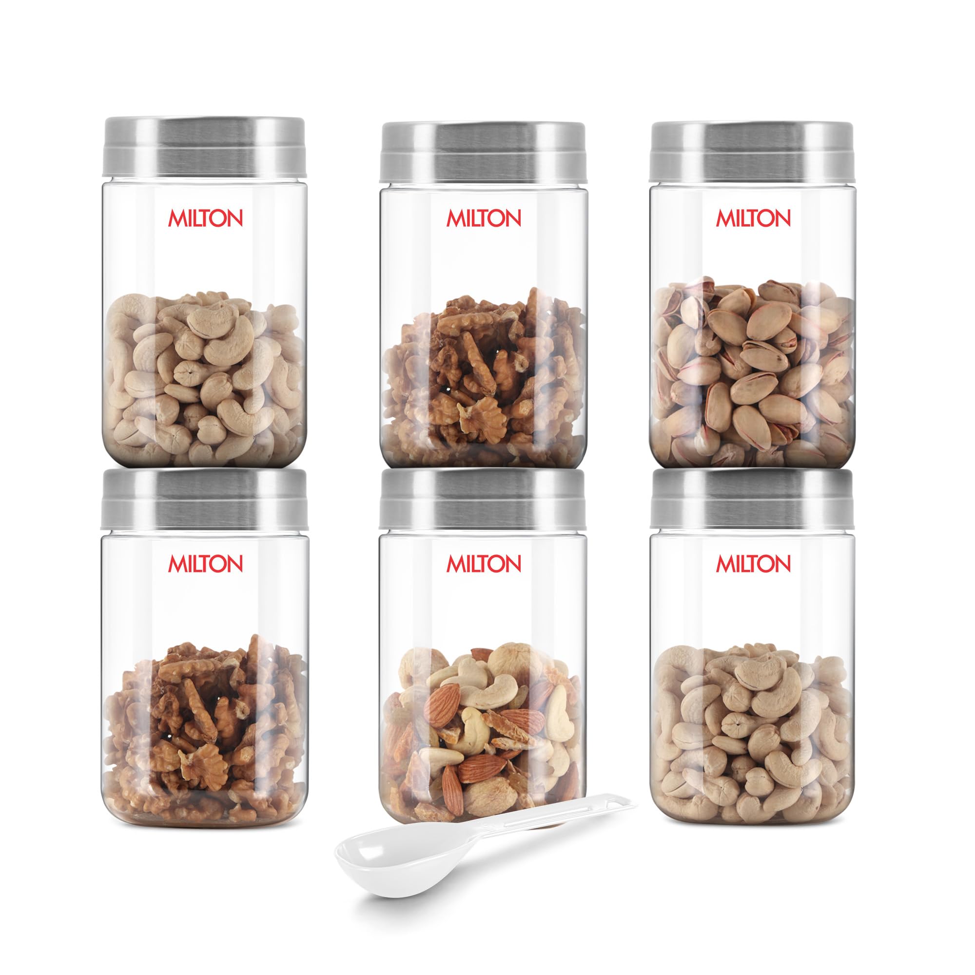 MILTON Steel Seal 500 Plastic Storage Jar and Container Set of 6, 500 ml each, Airtight Steel Lid & BPA Free Containers with Spoon For Kitchen Storage, Grocery Organising, Multipurpose Modular, Clear