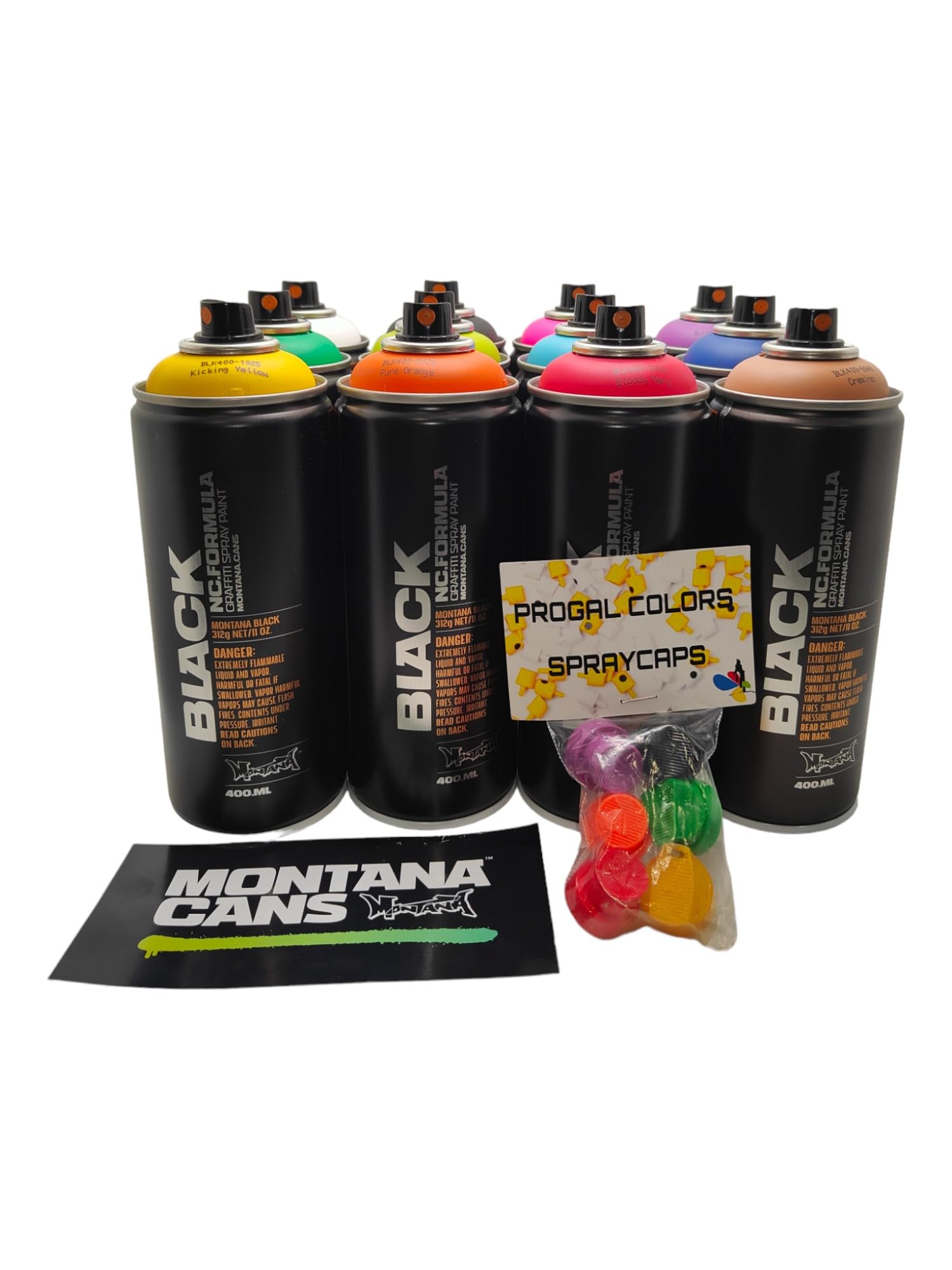 Montana Black 400 ml beliebte Farben, Set mit 12 Graffiti-Streetart-Wandmal-Sprühfarben + 6 Ersatz-Sprühköpfe